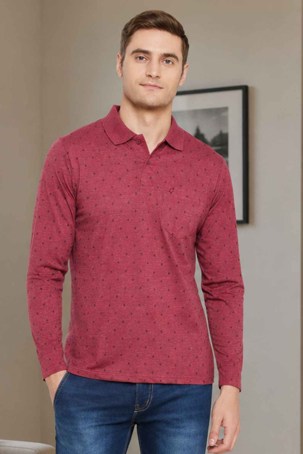 Buy Camey Cotton T-Shirts for Men – Soft & Breathable Fit | Men's Coffee Full Sleeves Cotton Polo Printed T-Shirt