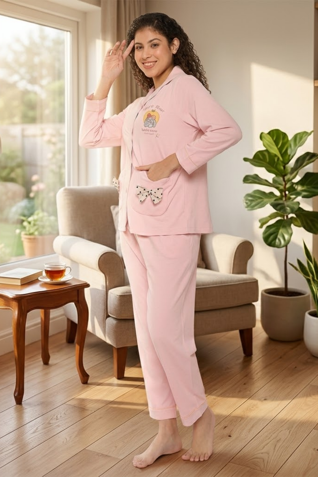 Cotton Pajama Set for Women, Long Sleeve Button-Down Top with Bow Pockets and Full-Length Pants, Pink