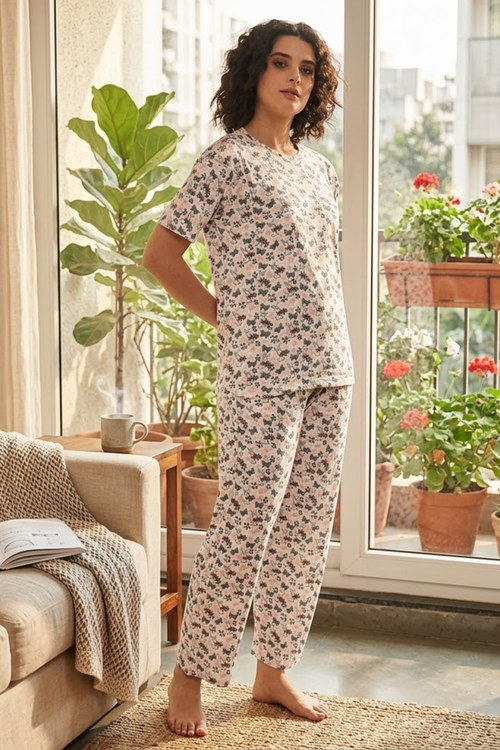 Camey Floral Printed Women Night Suit Set | Soft Cotton Blend Night Suit for Women