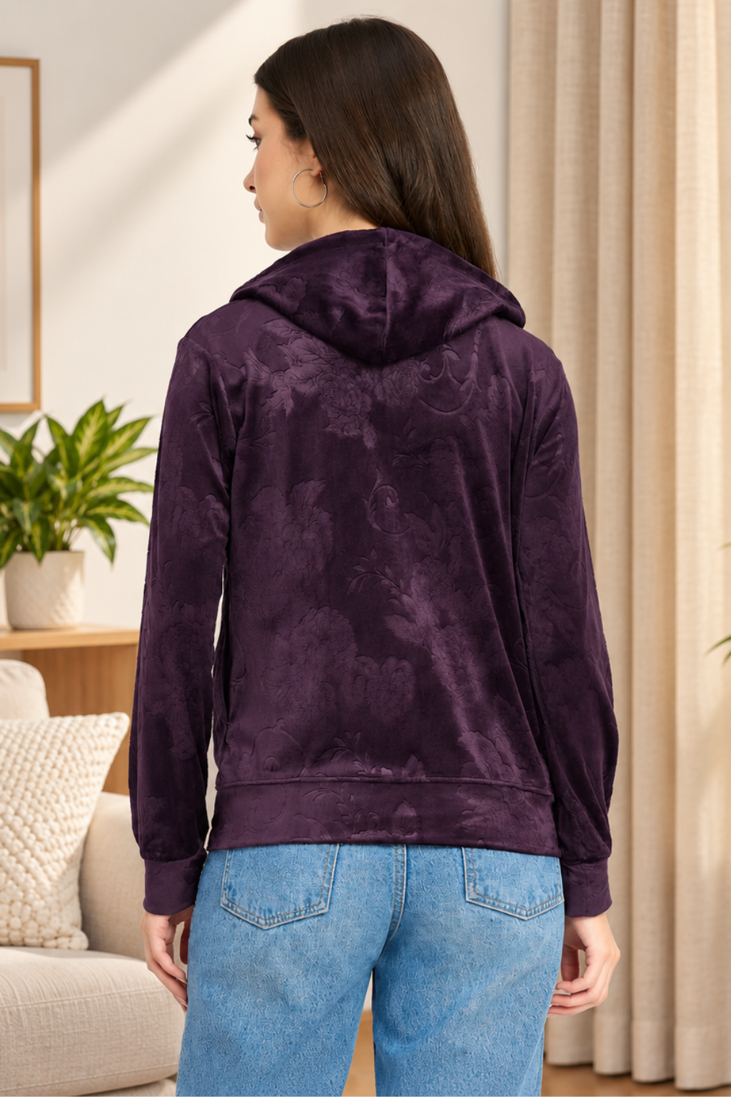 Women’s Floral Textured Zip-Up Hooded Sweatshirt