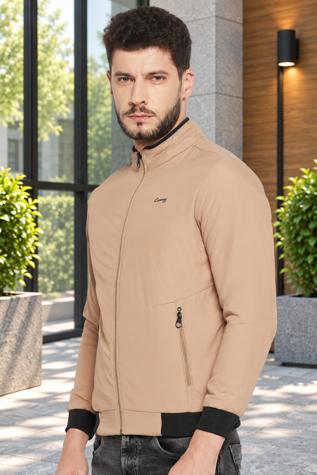Full Sleeve Solid Men Jacket (Beige)