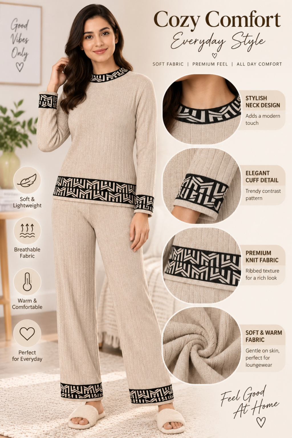 Camey Women Woolen Lounge Wear Set | Full Sleeve with Wide Leg Pants | Soft Warm Winter Co-Ord Set