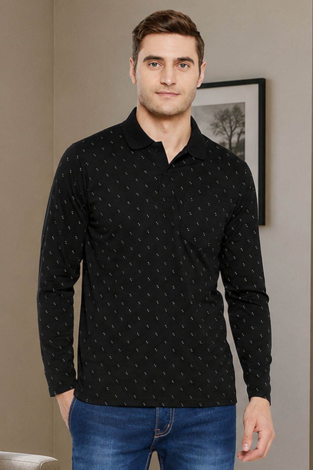 Camey Solid T-Shirts for Men – Traditional & Evergreen Style |Men's Black Full Sleeves Cotton Polo Printed T-Shirt