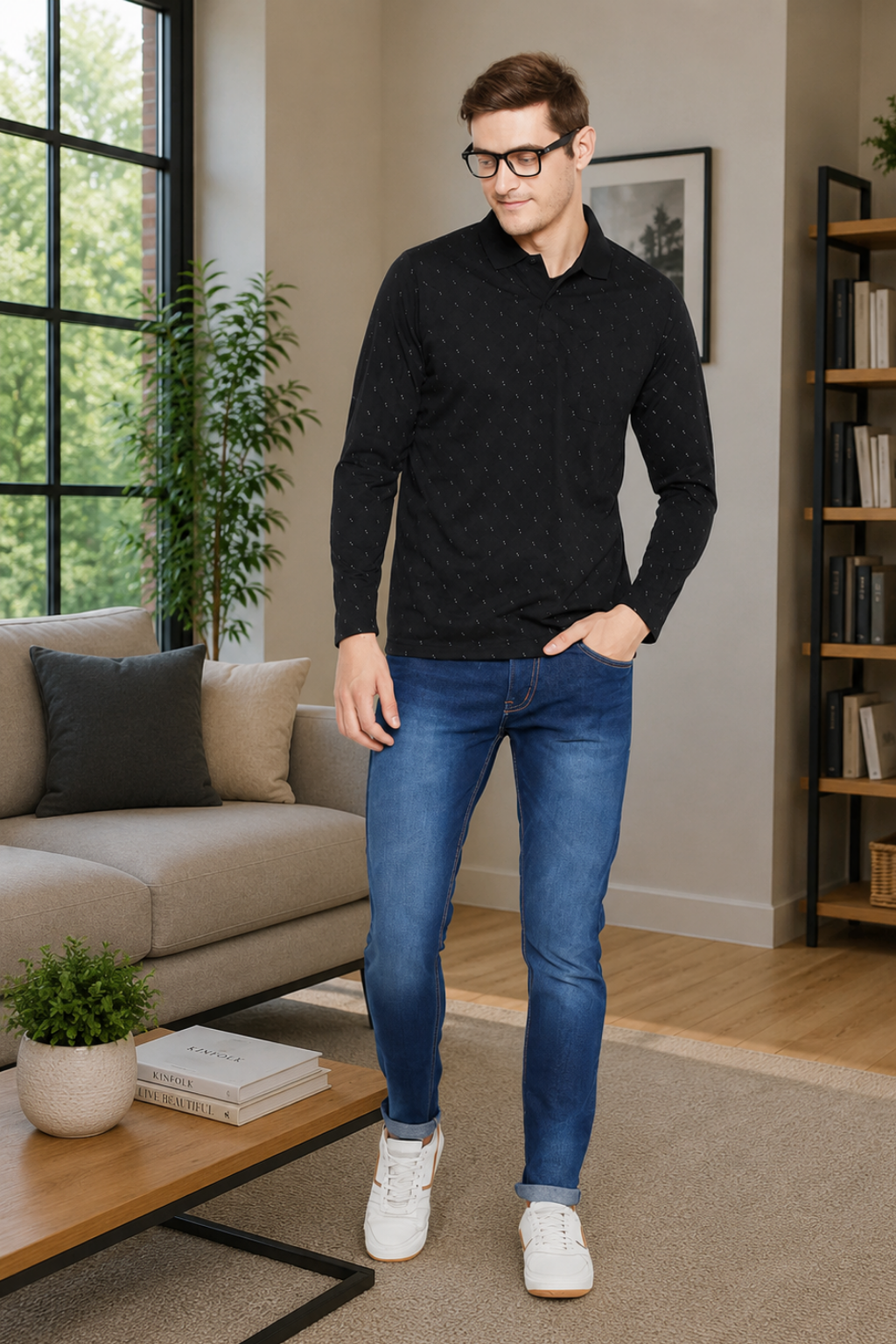 Camey Solid T-Shirts for Men – Traditional & Evergreen Style |Men's Black Full Sleeves Cotton Polo Printed T-Shirt