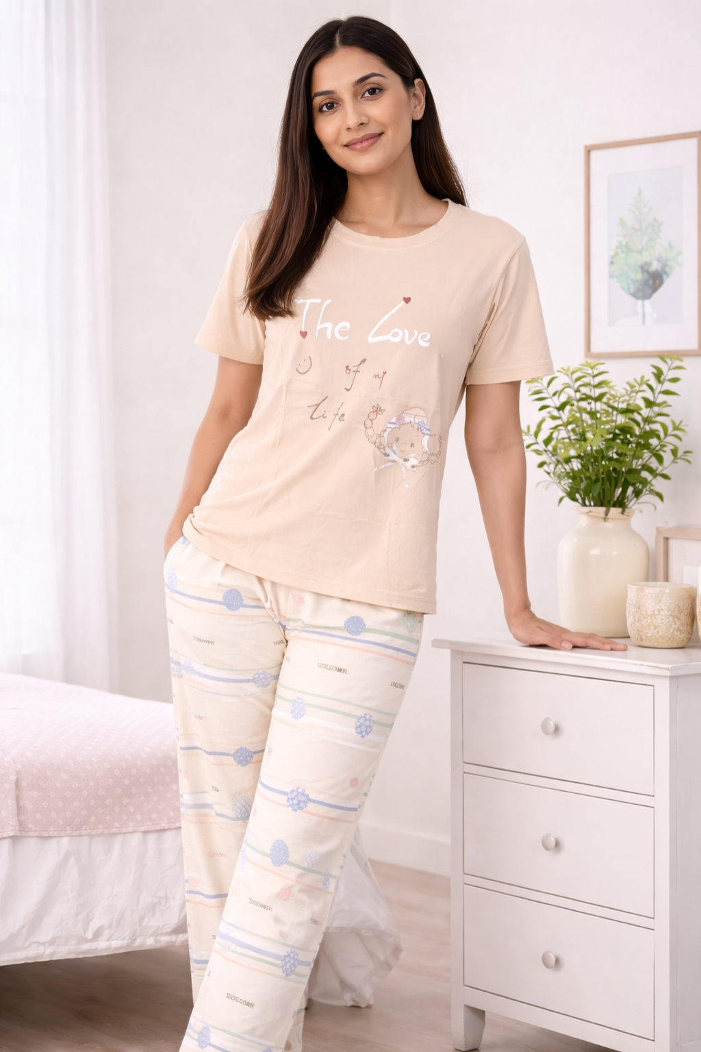 Women  Night Suit Set – Soft Printed Sleepwear with Half Sleeves & Full Length Pyjama