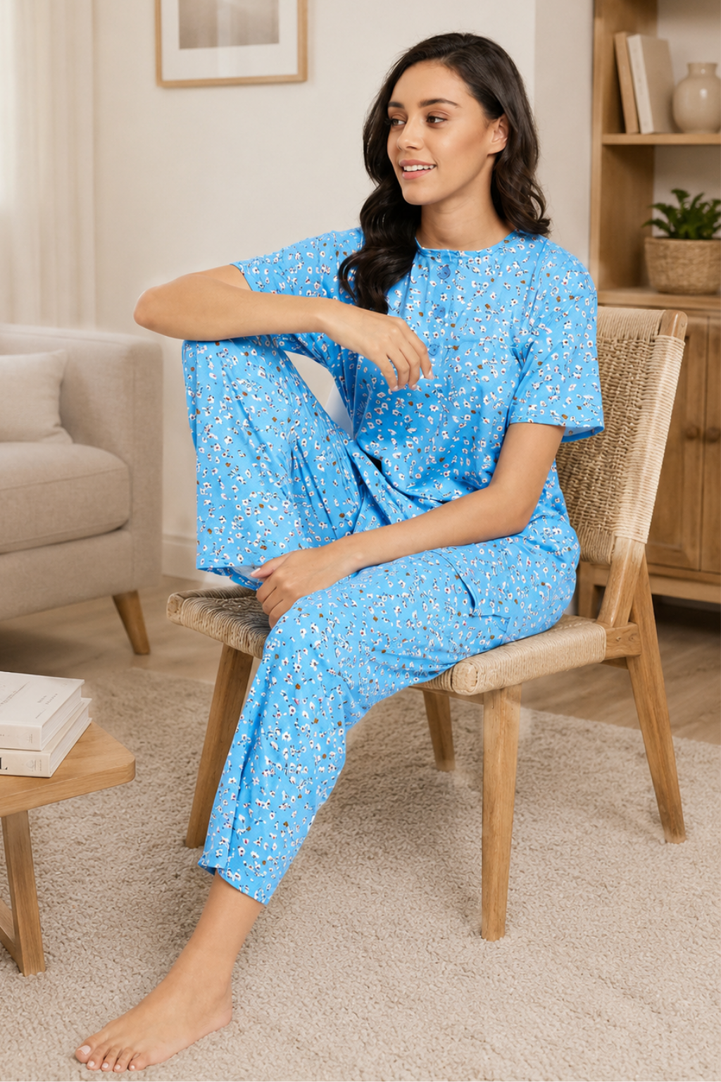 Women's Viscose Printed Short Sleeve Top and Pajama Pants Regular Fit Night Suit Round Collarless Top and Pyjama Set Ladies Night Dress