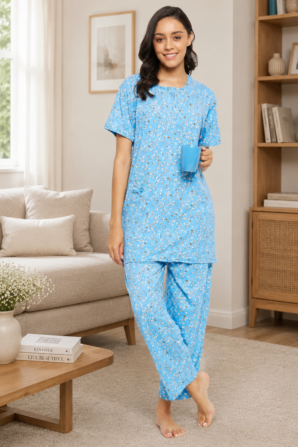 Women's Viscose Printed Short Sleeve Top and Pajama Pants Regular Fit Night Suit Round Collarless Top and Pyjama Set Ladies Night Dress