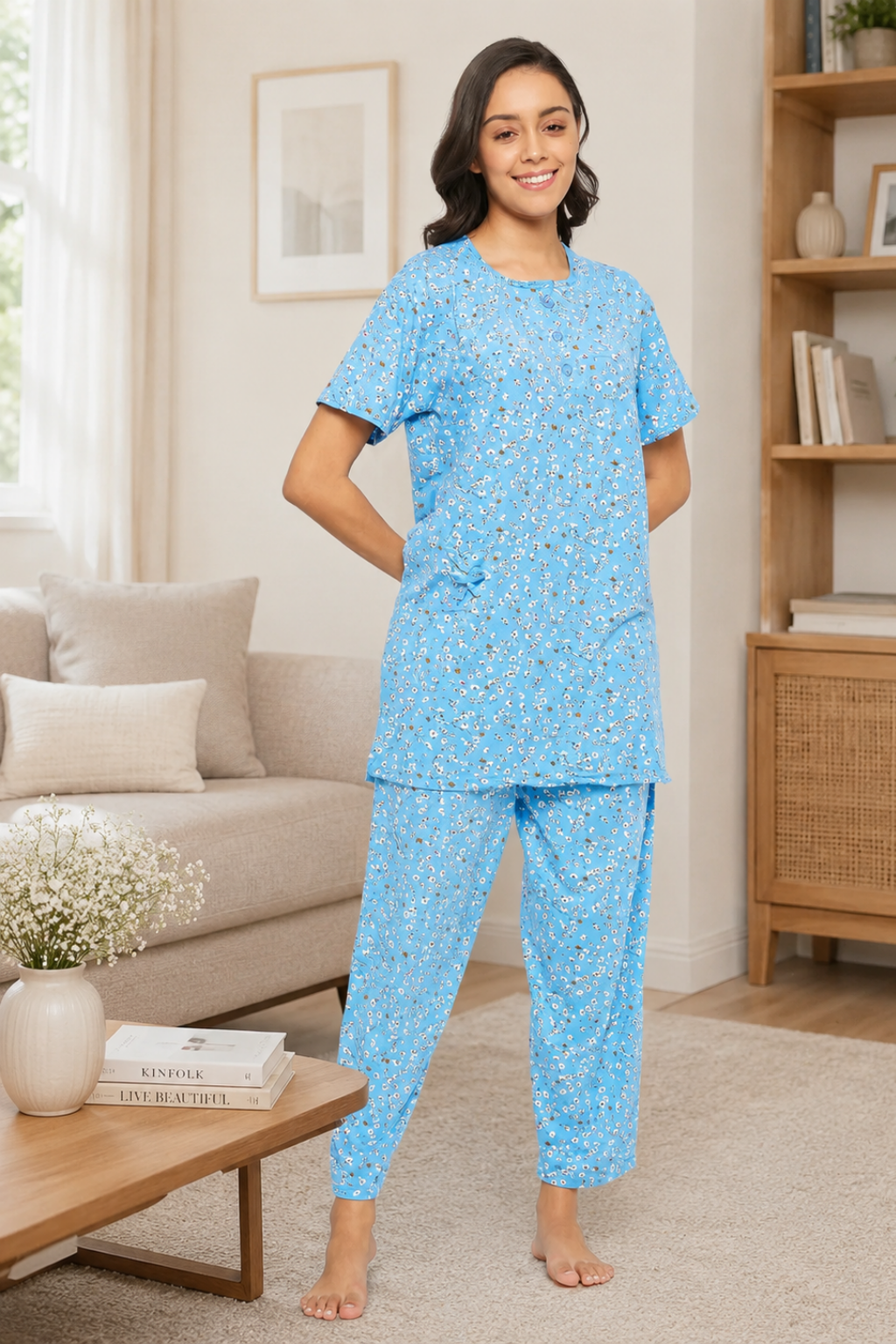 Women's Viscose Printed Short Sleeve Top and Pajama Pants Regular Fit Night Suit Round Collarless Top and Pyjama Set Ladies Night Dress