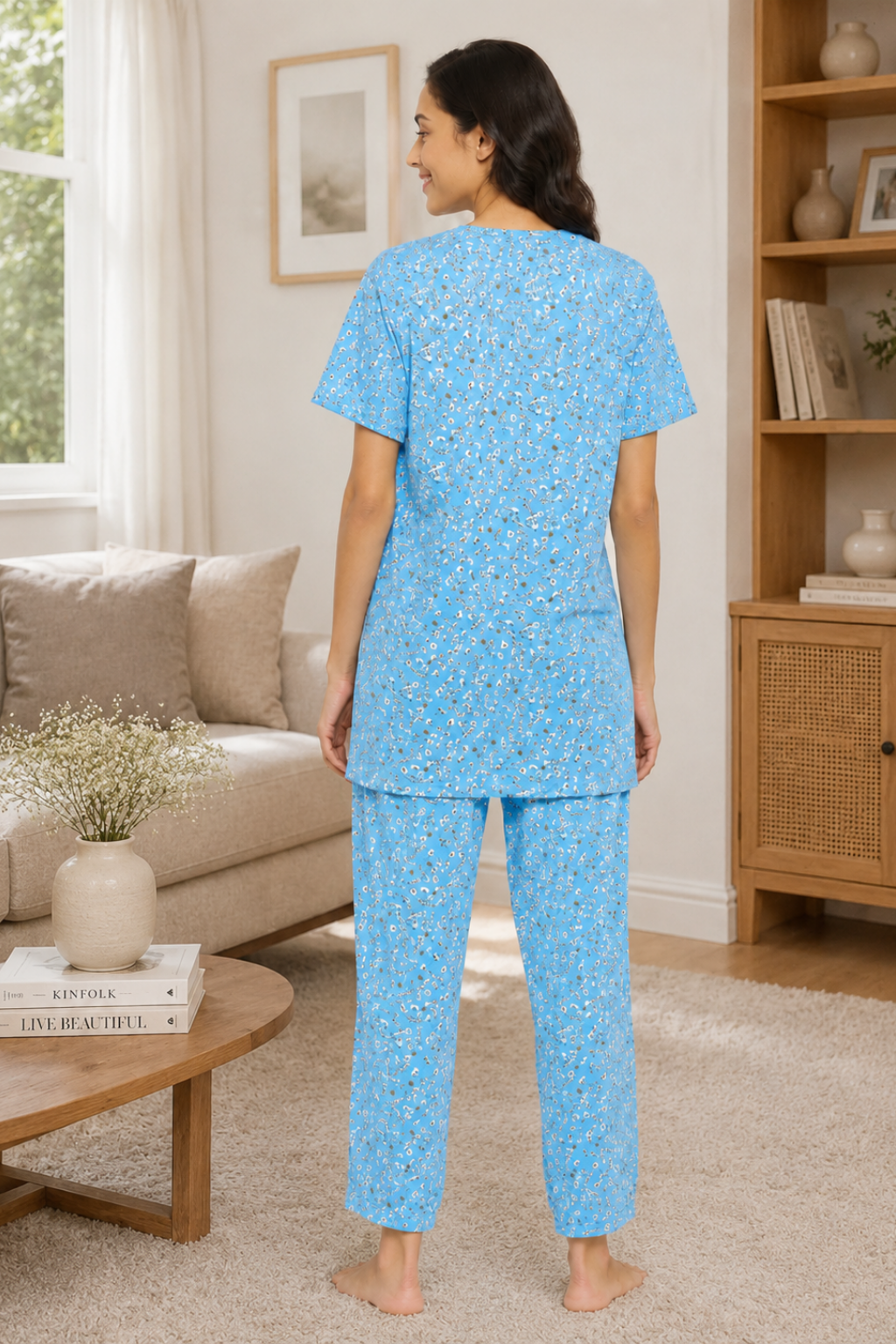 Women's Viscose Printed Short Sleeve Top and Pajama Pants Regular Fit Night Suit Round Collarless Top and Pyjama Set Ladies Night Dress