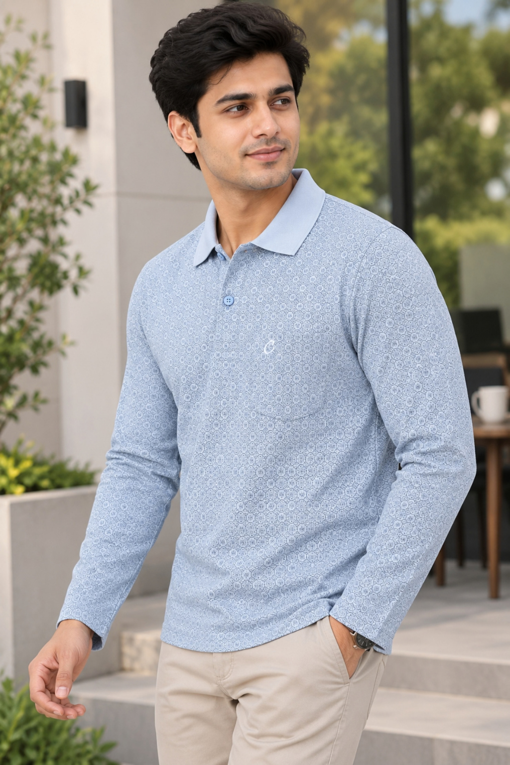 Men's Printed Full Sleeve T-Shirt For Men Polo Neck With Chest Pocket