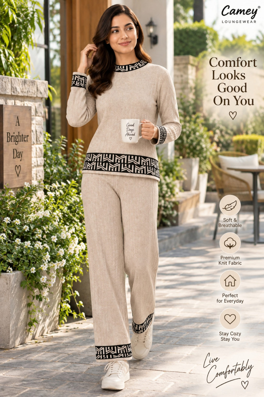 Camey Women Woolen Lounge Wear Set | Full Sleeve with Wide Leg Pants | Soft Warm Winter Co-Ord Set
