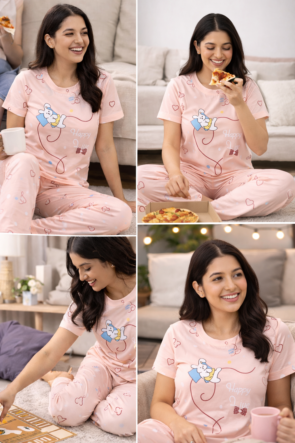 Women Viscose Pyjama Set Cute Prints Nightwear Soft Breathable Sleepwear Short Sleeve Top & Full Length Pajama Pants Lounge Set