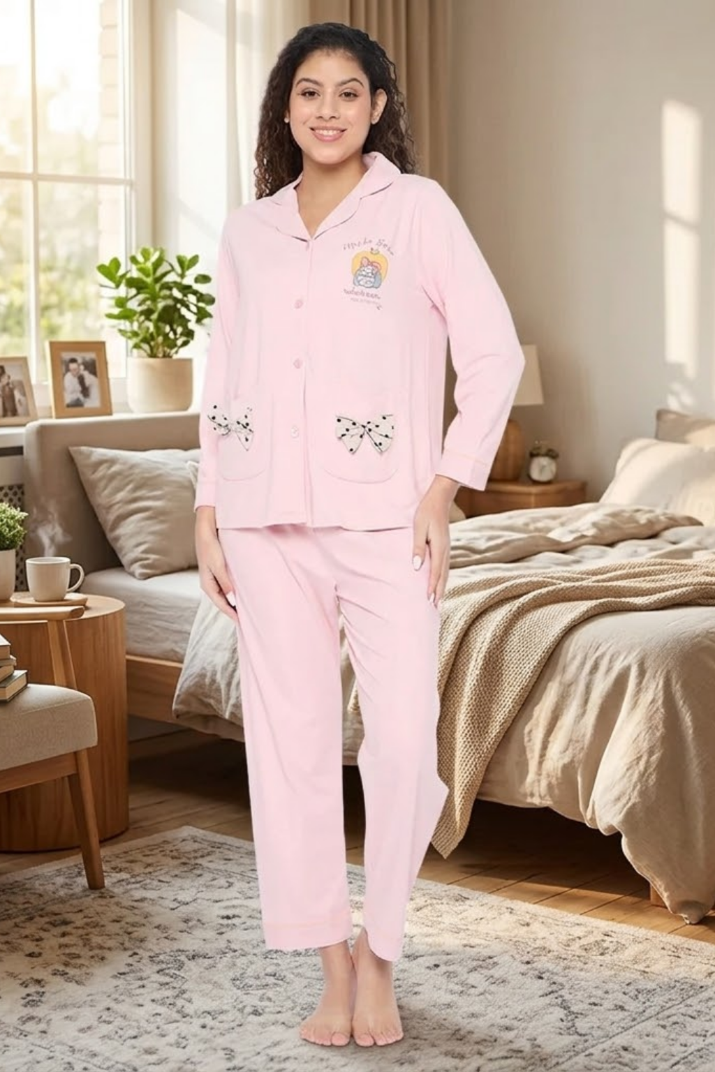Cotton Pajama Set for Women, Long Sleeve Button-Down Top with Bow Pockets and Full-Length Pants, Pink