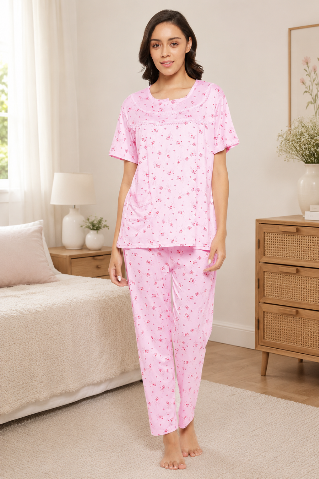 Women's Viscose Printed Short Sleeve Top and Pajama Pants Regular Fit Night Suit Round Collarless Top and Pyjama Set Ladies Night Dress