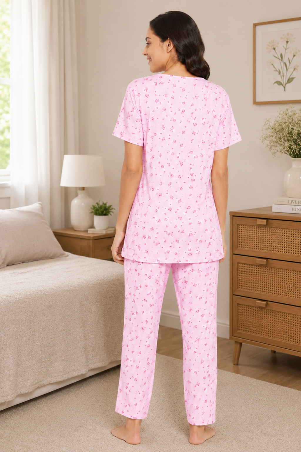 Women's Viscose Printed Short Sleeve Top and Pajama Pants Regular Fit Night Suit Round Collarless Top and Pyjama Set Ladies Night Dress