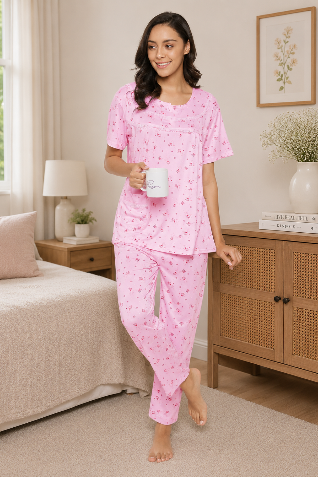 Women's Viscose Printed Short Sleeve Top and Pajama Pants Regular Fit Night Suit Round Collarless Top and Pyjama Set Ladies Night Dress