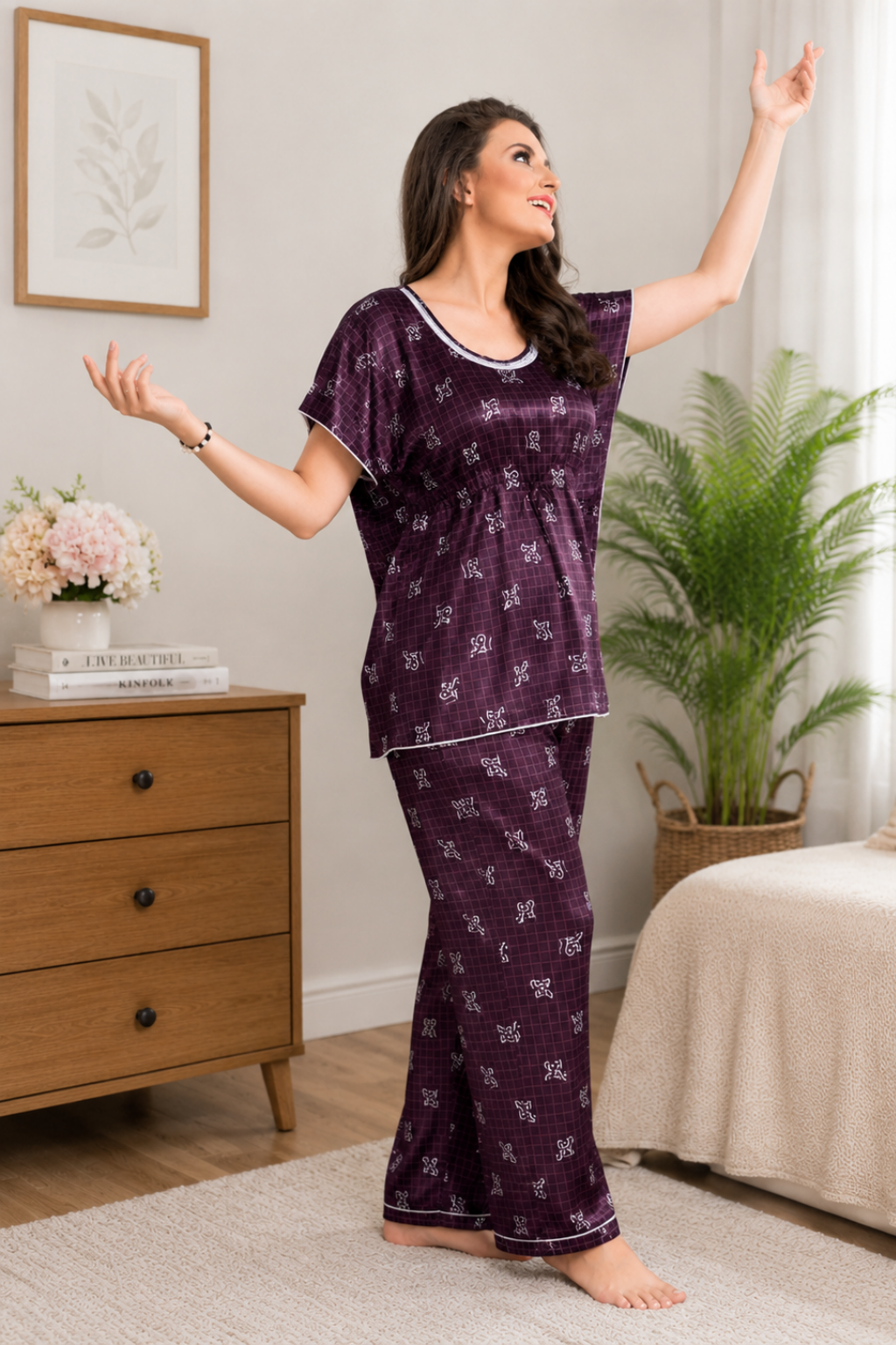 Printed kaftan Style Nightsuit In Wine -Satin