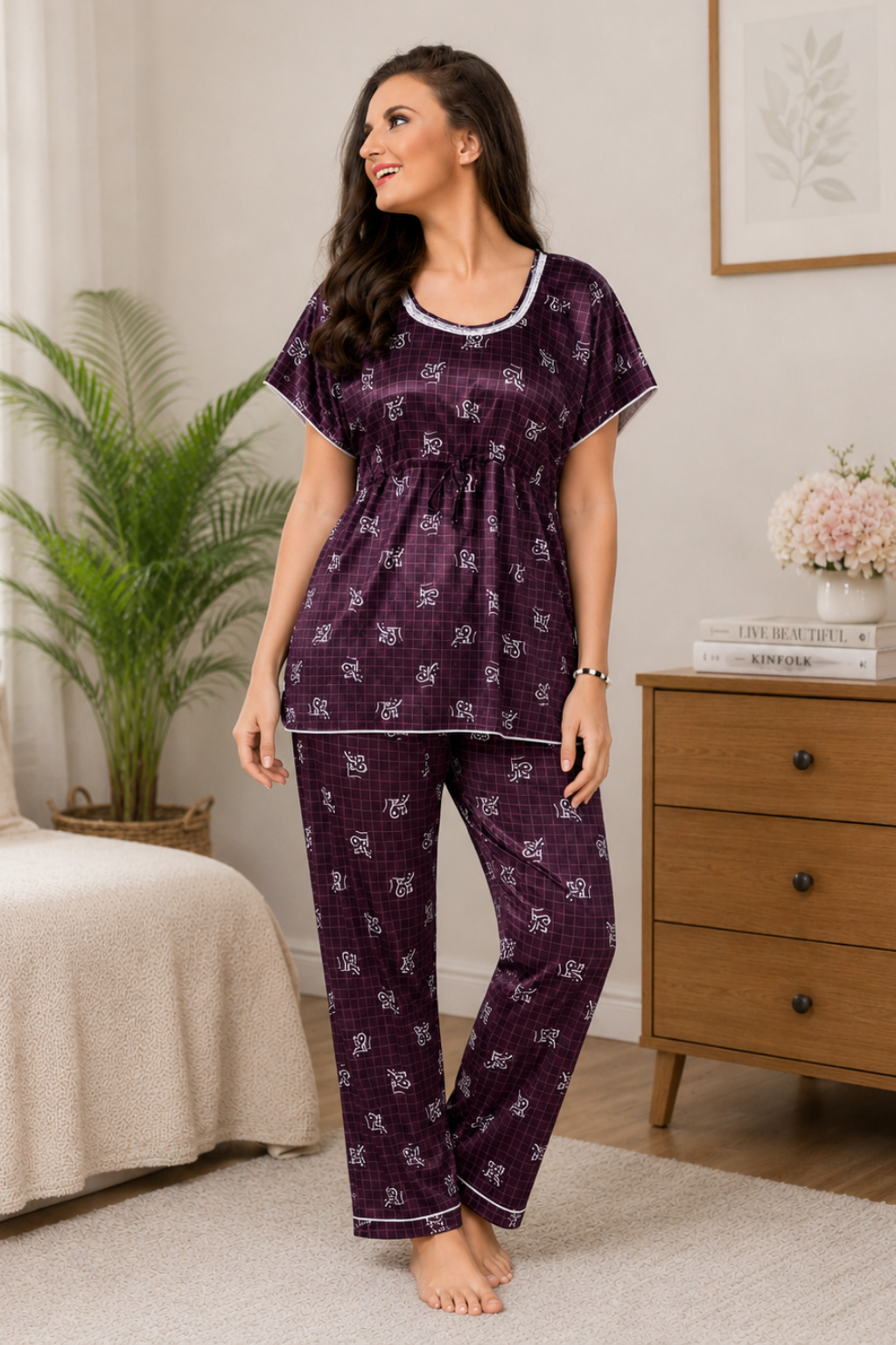 Printed kaftan Style Nightsuit In Wine -Satin