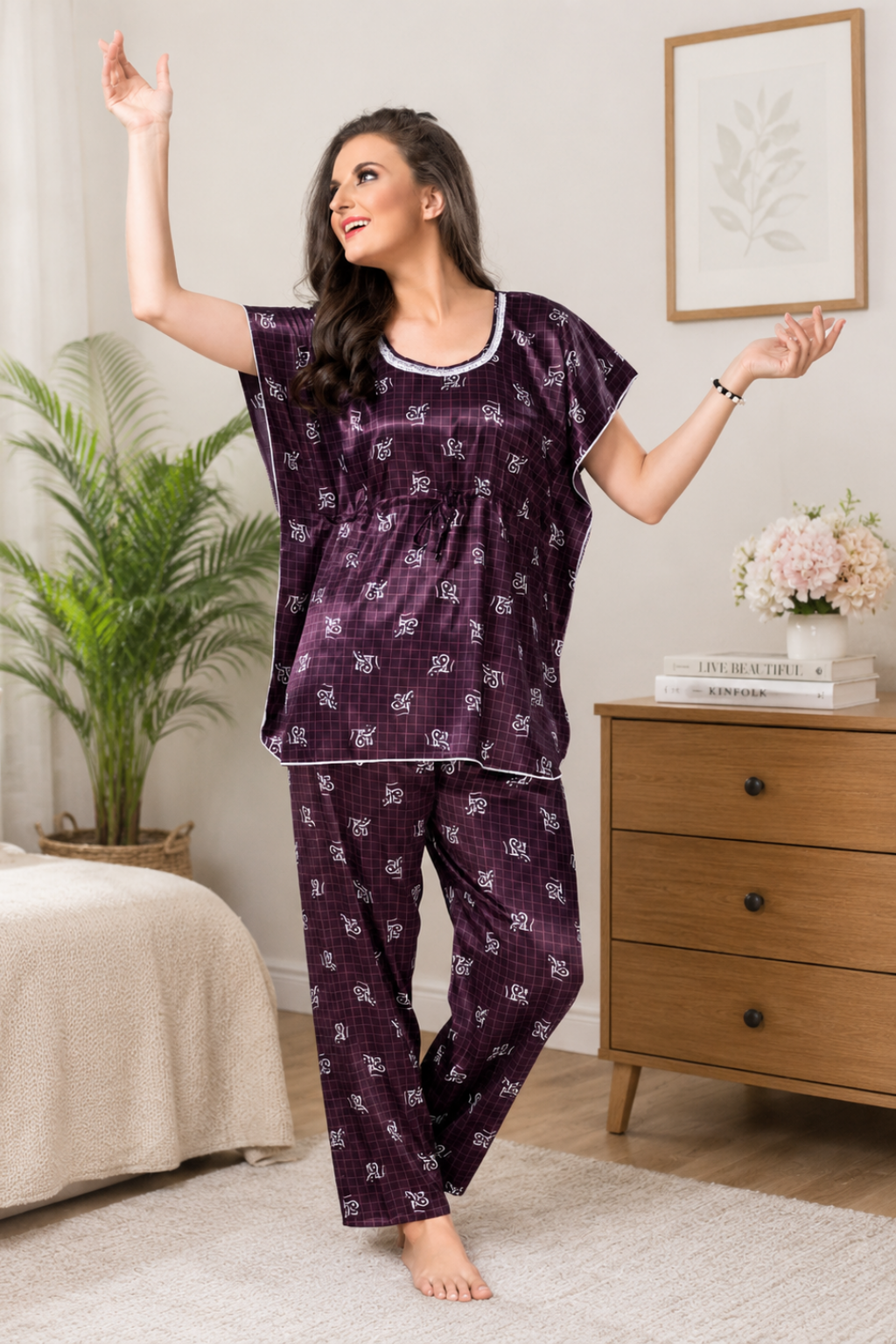 Printed kaftan Style Nightsuit In Wine -Satin