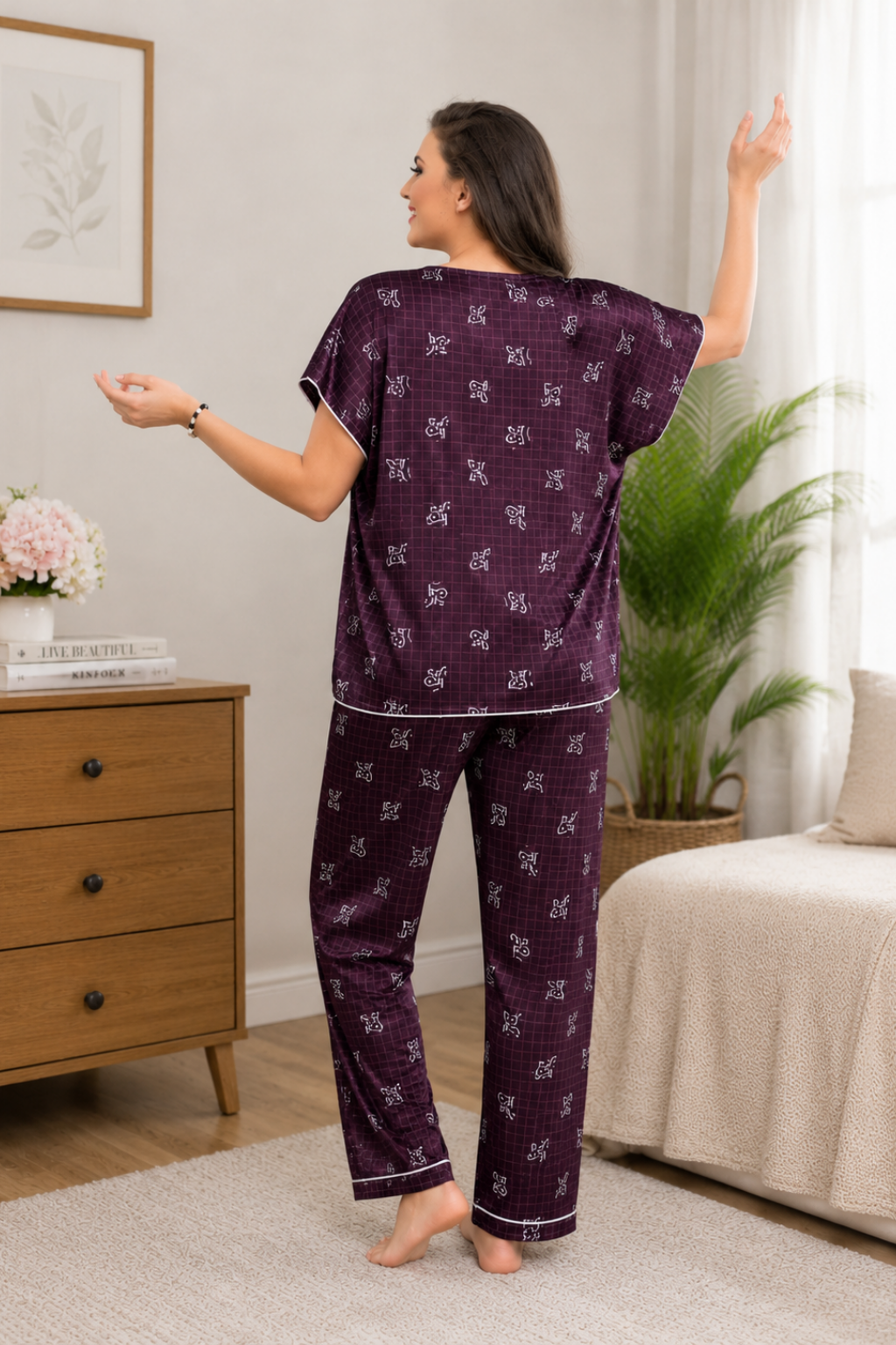 Printed kaftan Style Nightsuit In Wine -Satin