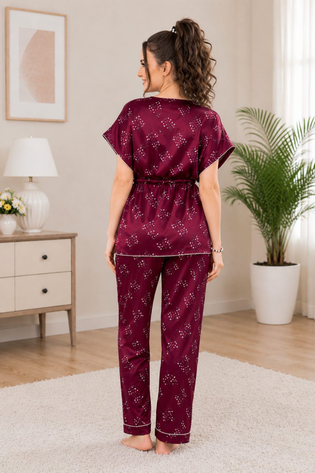 Printed kaftan Style Nightsuit In Wine -Satin