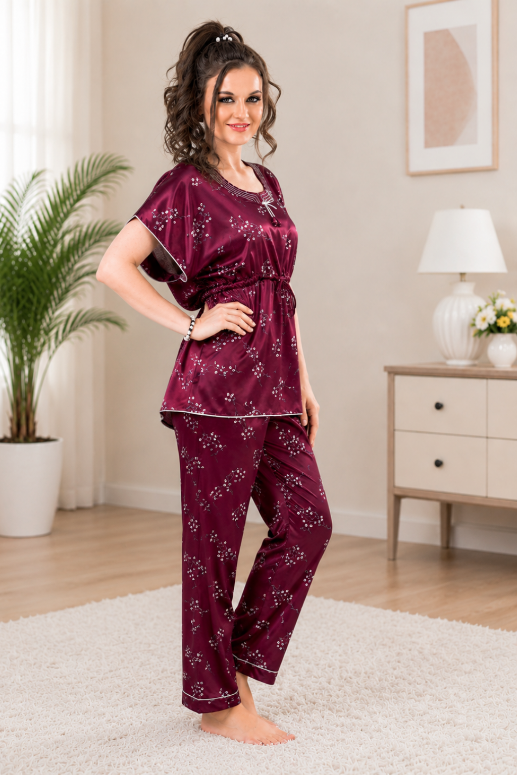 Printed kaftan Style Nightsuit In Wine -Satin
