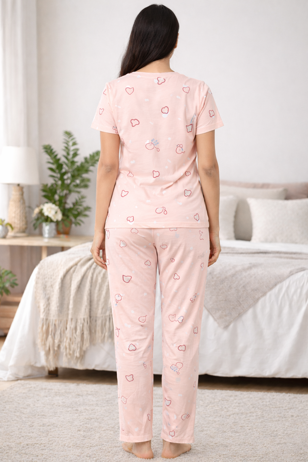 Women Viscose Pyjama Set Cute Prints Nightwear Soft Breathable Sleepwear Short Sleeve Top & Full Length Pajama Pants Lounge Set