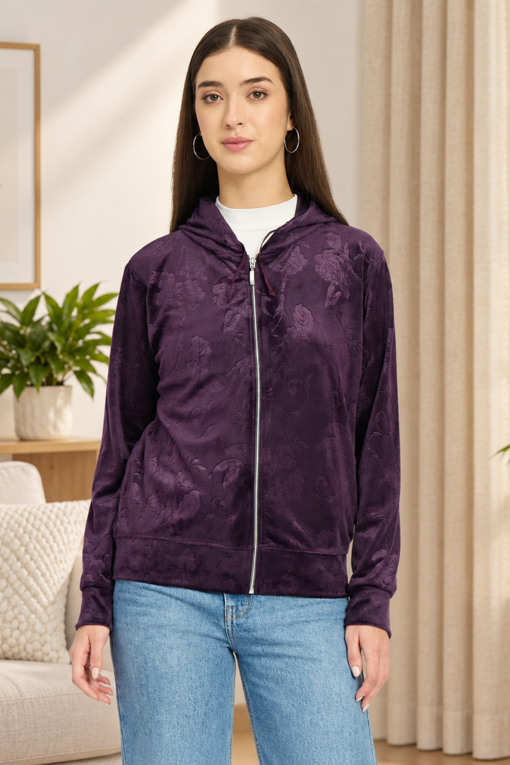 Women’s Floral Textured Zip-Up Hooded Sweatshirt