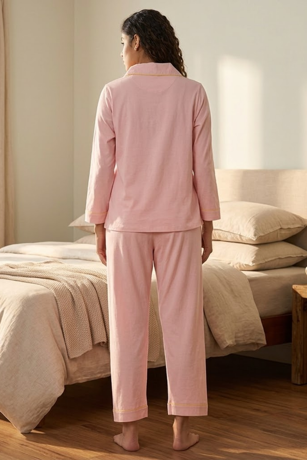 Cotton Pajama Set for Women, Long Sleeve Button-Down Top with Bow Pockets and Full-Length Pants, Pink