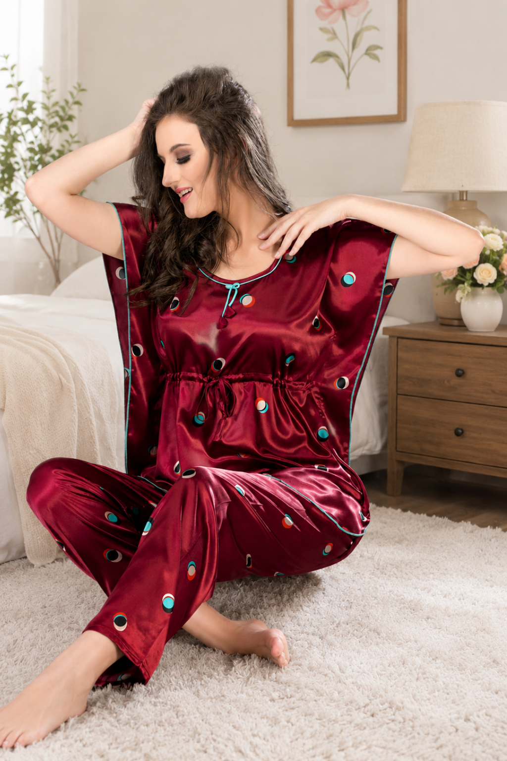 Printed kaftan Style Nightsuit In Maroon -Satin