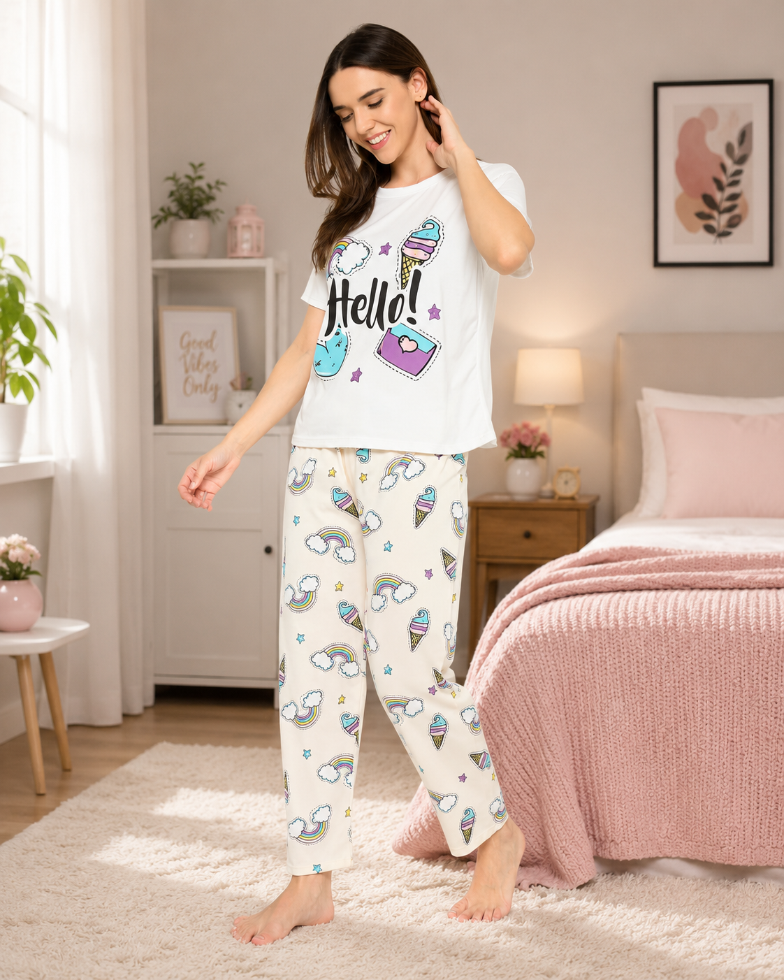 Women's Printed Pyjama Set, Short Sleeve T-Shirt and Trousers, women nightsuit, Loungewear Set