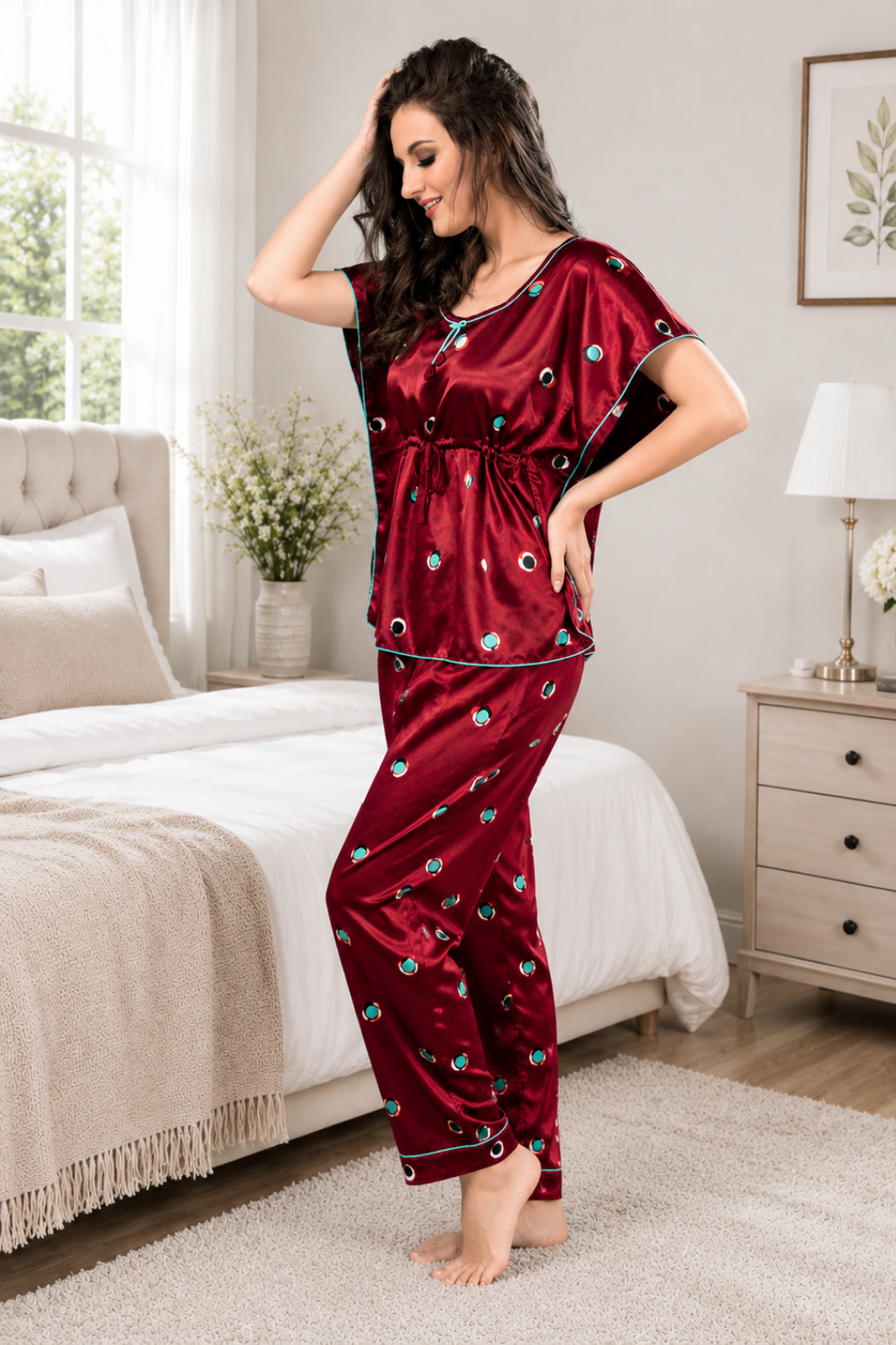 Printed kaftan Style Nightsuit In Maroon -Satin