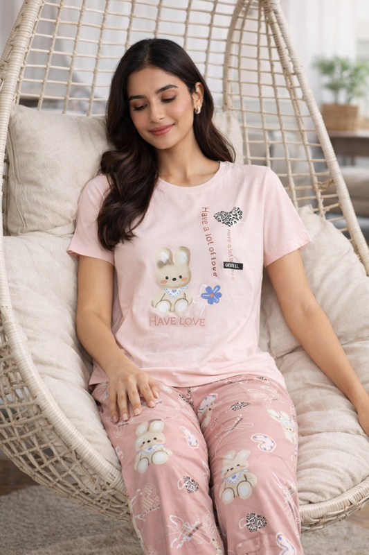 Women Night Suit Set – Soft Printed Sleepwear with Half Sleeves & Full Length Pyjama