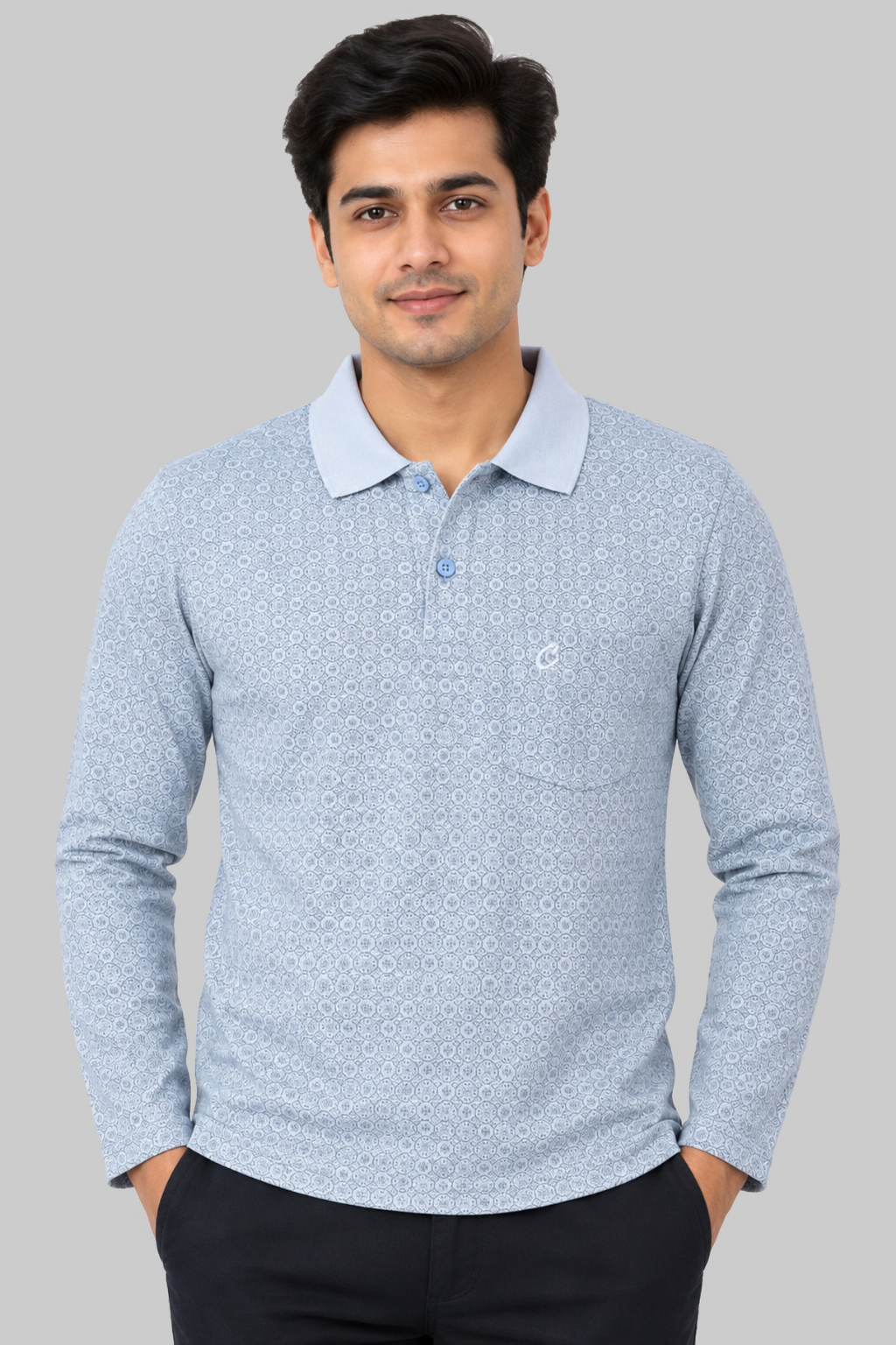 Men's Printed Full Sleeve T-Shirt For Men Polo Neck With Chest Pocket