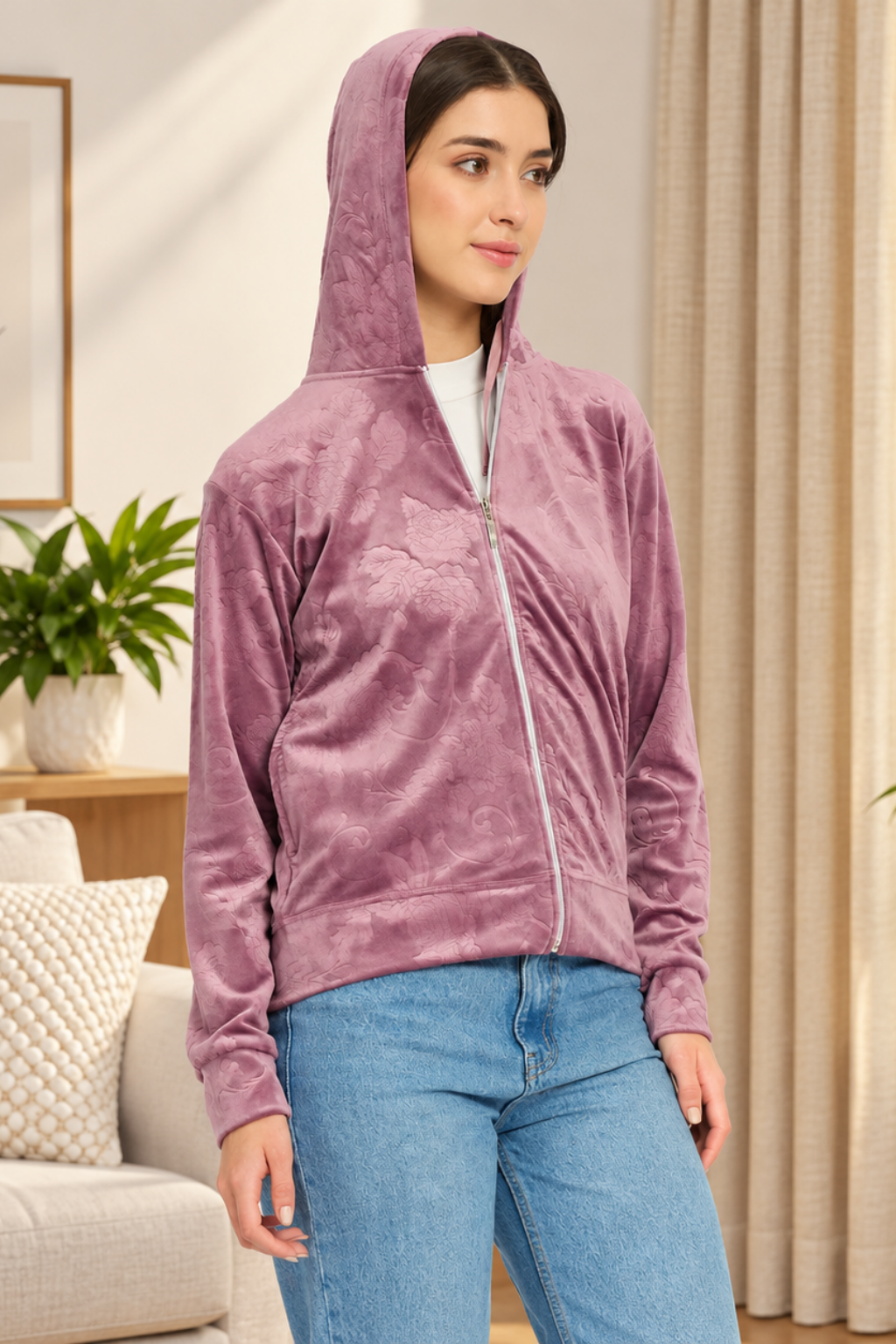 Women’s Floral Textured Zip-Up Hooded Sweatshirt
