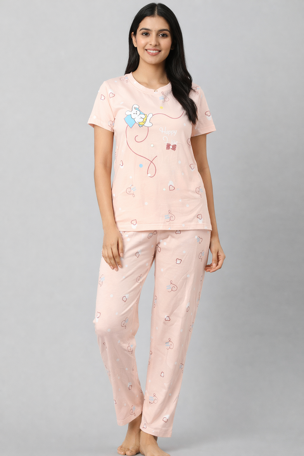 Women Viscose Pyjama Set Cute Prints Nightwear Soft Breathable Sleepwear Short Sleeve Top & Full Length Pajama Pants Lounge Set