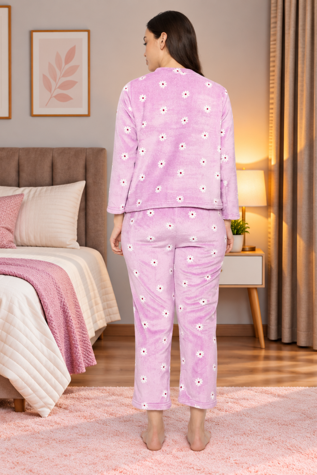 Women Printed Full Sleeve Round Neck Top and Pajama Pants with 1 side Pockets