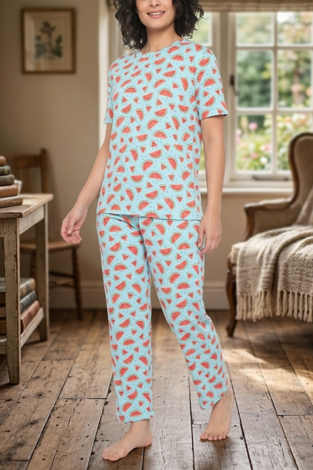 Budget-Friendly Camey Night Suit – Purchase Stylish Nightwear Online | Women's Printed Pyjama Set, Sky