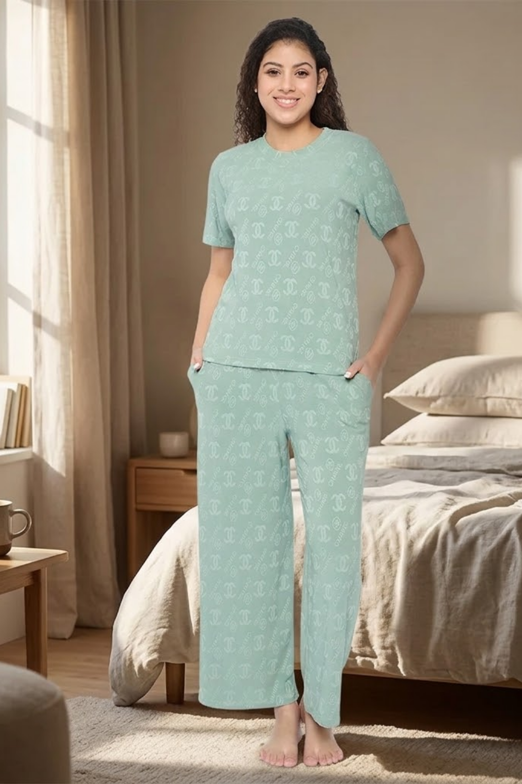 Top and Pyjama Set for Women Nightwear, Green