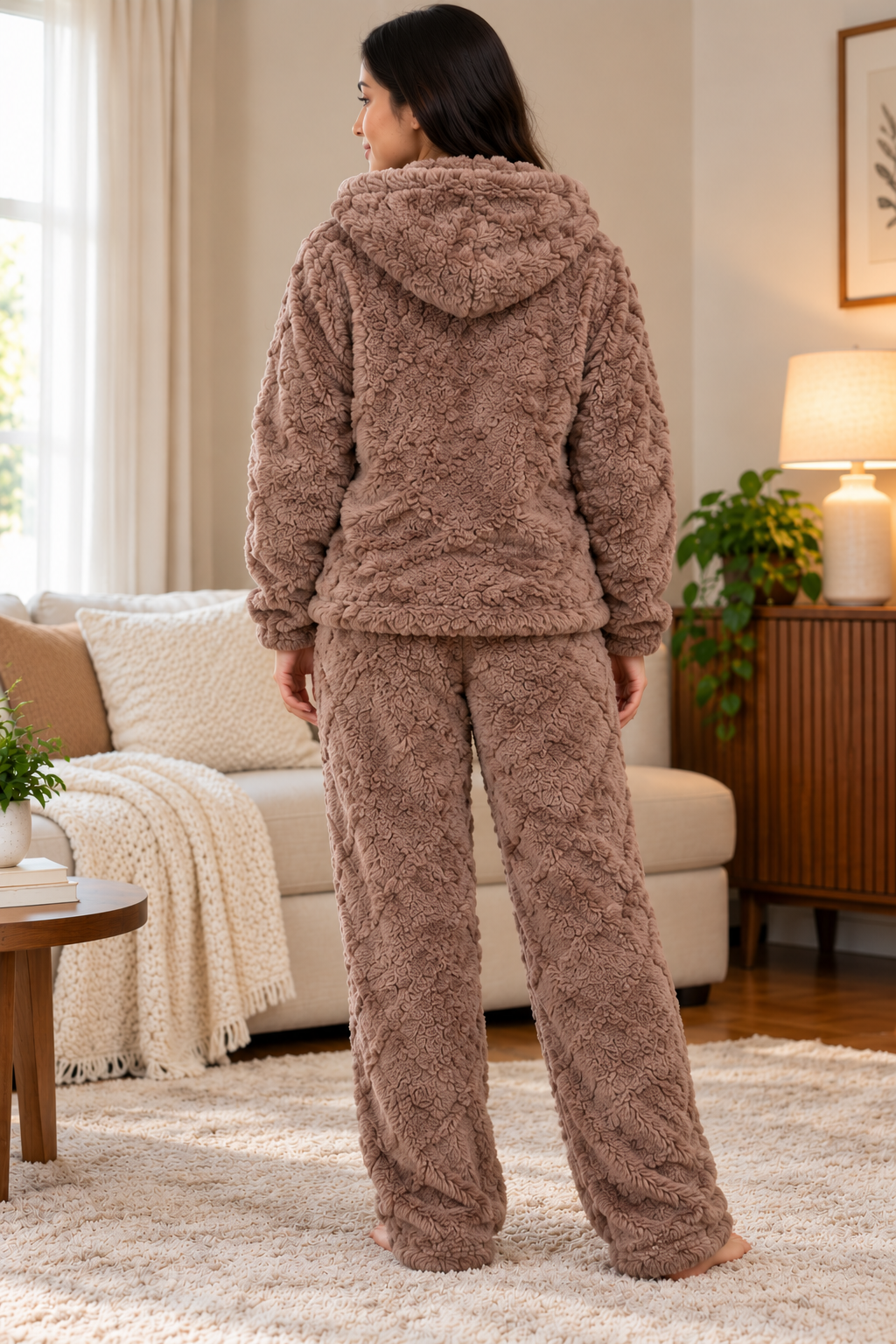 Women Solid hooded Comfortable Winter Nightwear Pyjama Set with Pocket