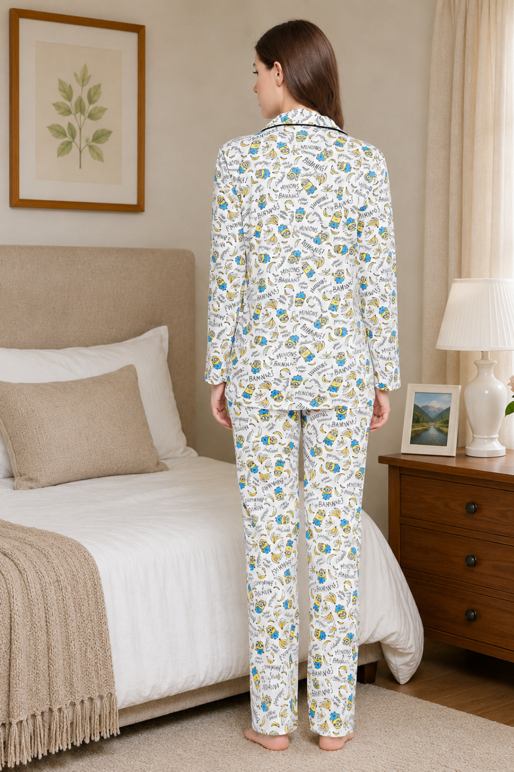 White Print Me Pretty Button Me Up Shirt & Bottom Set in Cotton