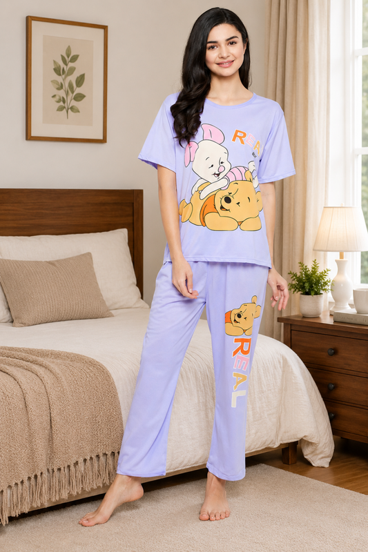Text & Graphic Print Top & Pyjama Set In - Lavender