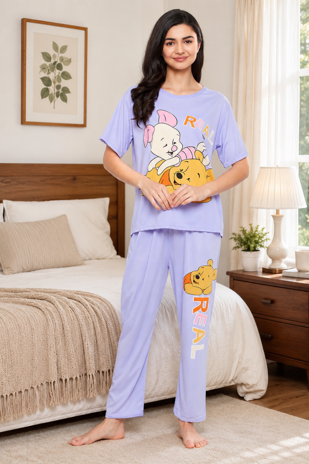 Text & Graphic Print Top & Pyjama Set In - Lavender