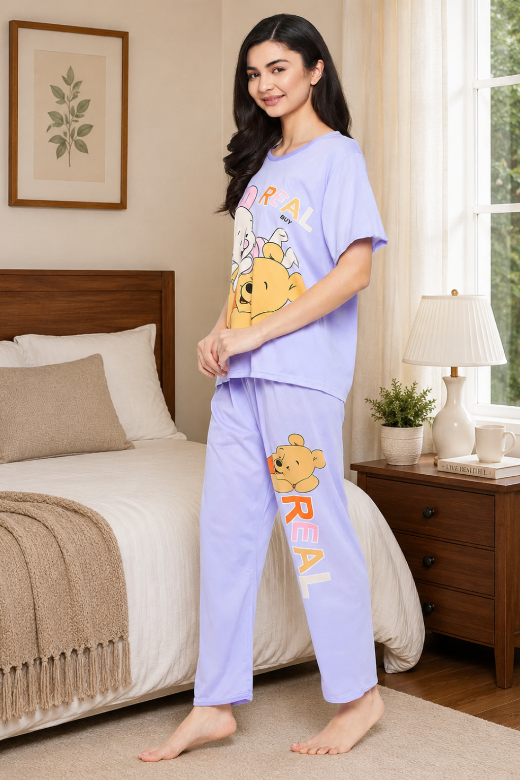 Text & Graphic Print Top & Pyjama Set In - Lavender