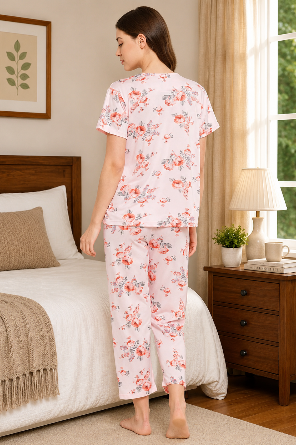 Floral Print Top & Pyjama Set In Pink