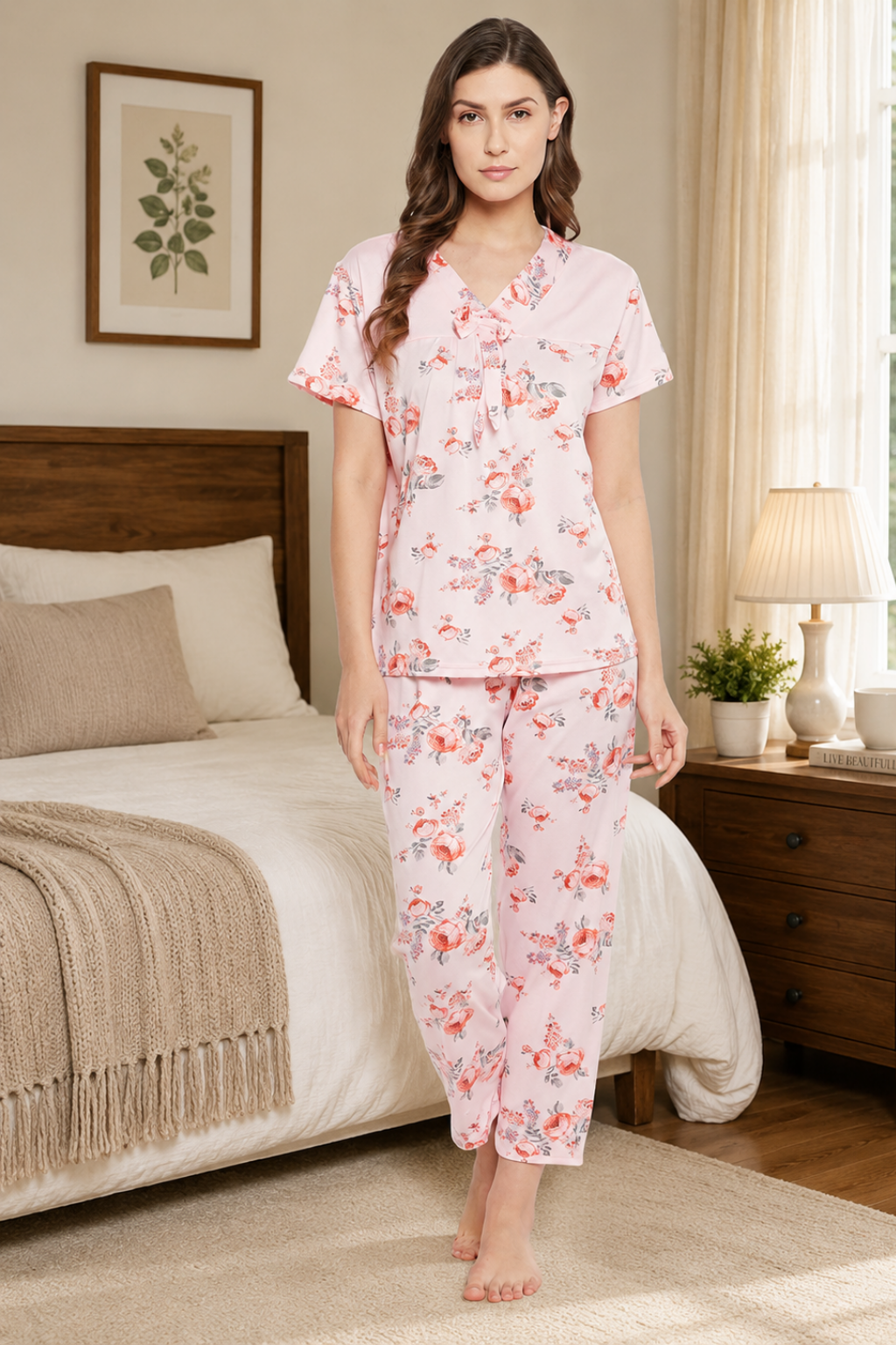 Floral Print Top & Pyjama Set In Pink