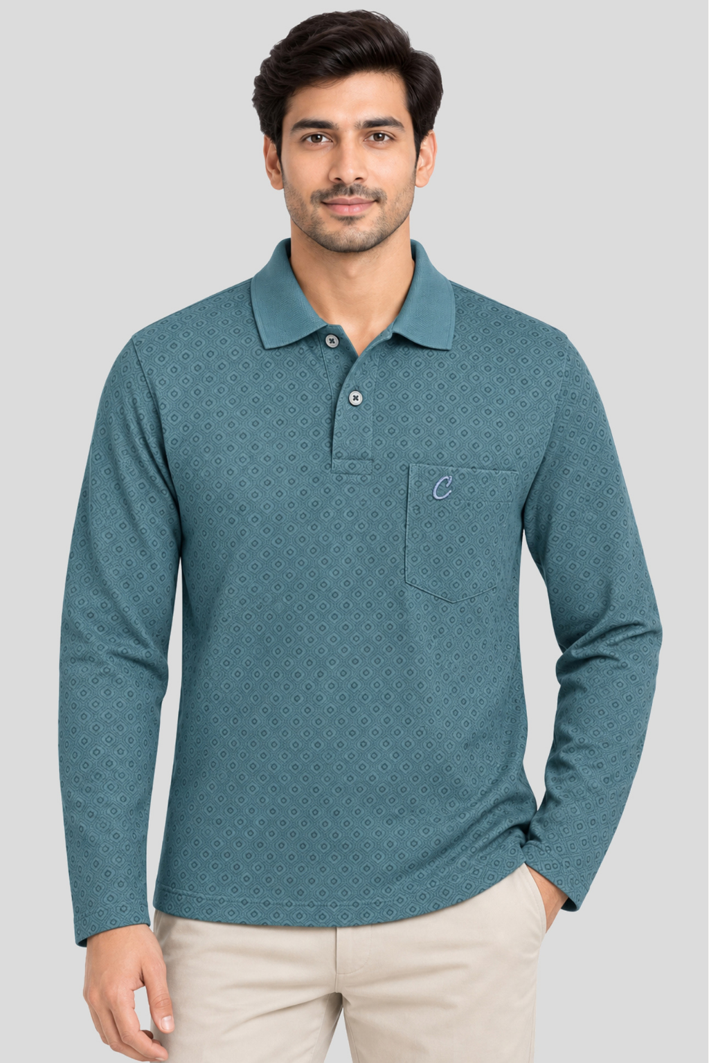 Men's Printed Full Sleeve T-Shirt For Men Polo Neck With Chest Pocket