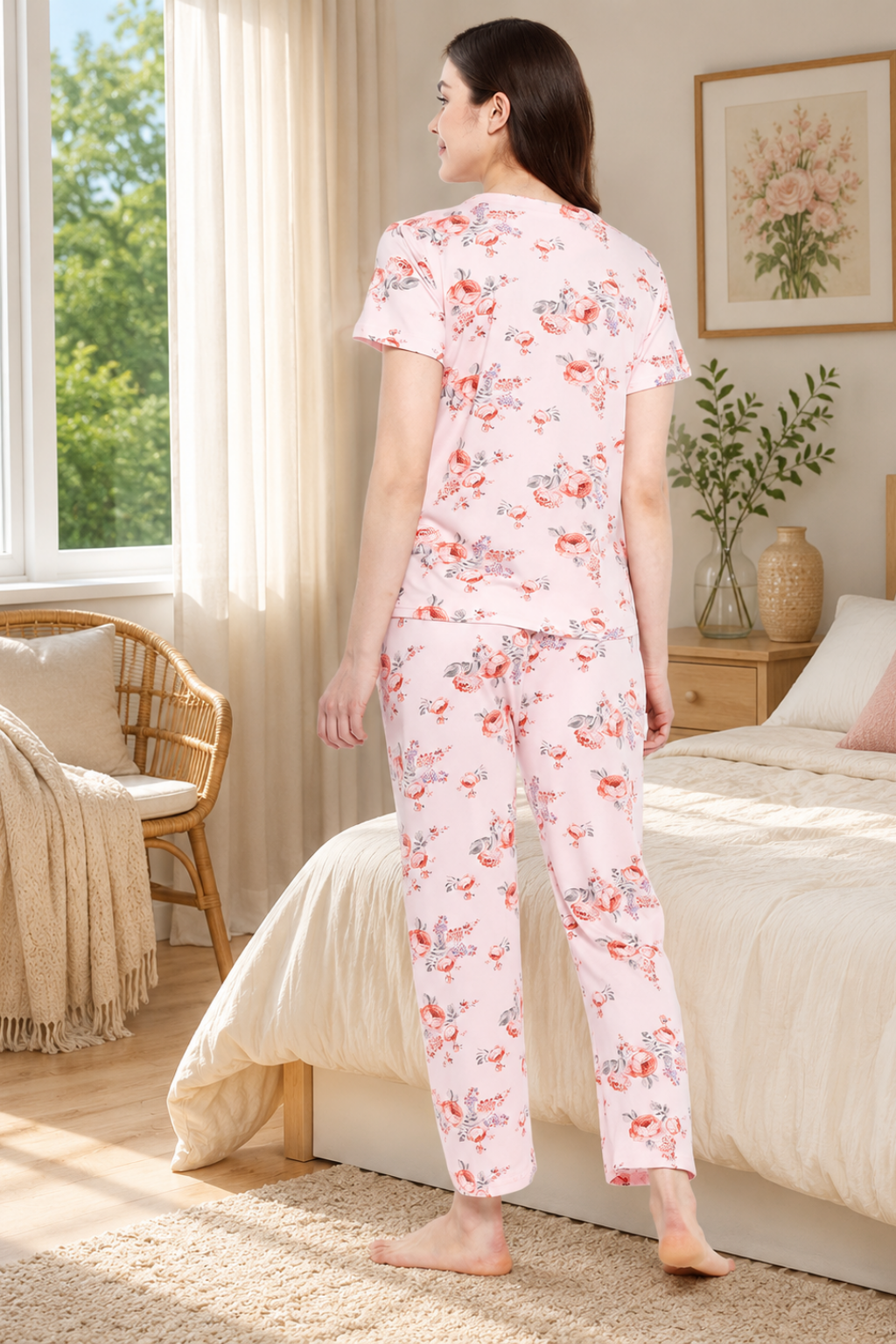 Floral Print Top & Pyjama Set In Rose Pink