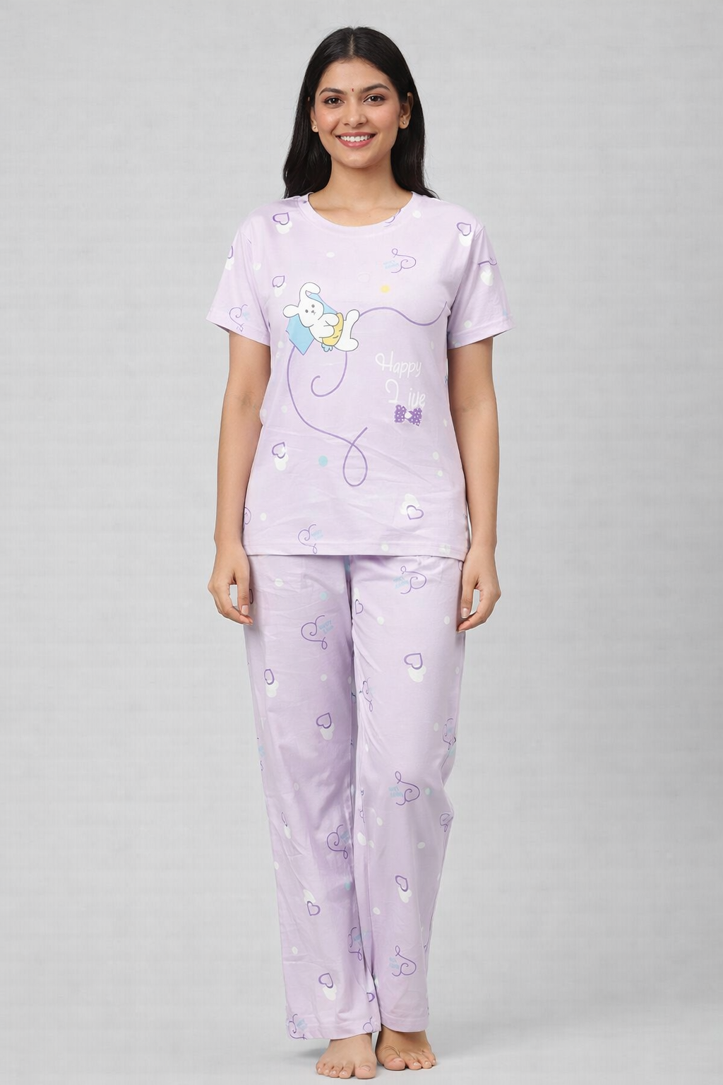 Women Viscose Pyjama Set Cute Prints Nightwear Soft Breathable Sleepwear Short Sleeve Top & Full Length Pajama Pants Lounge Set