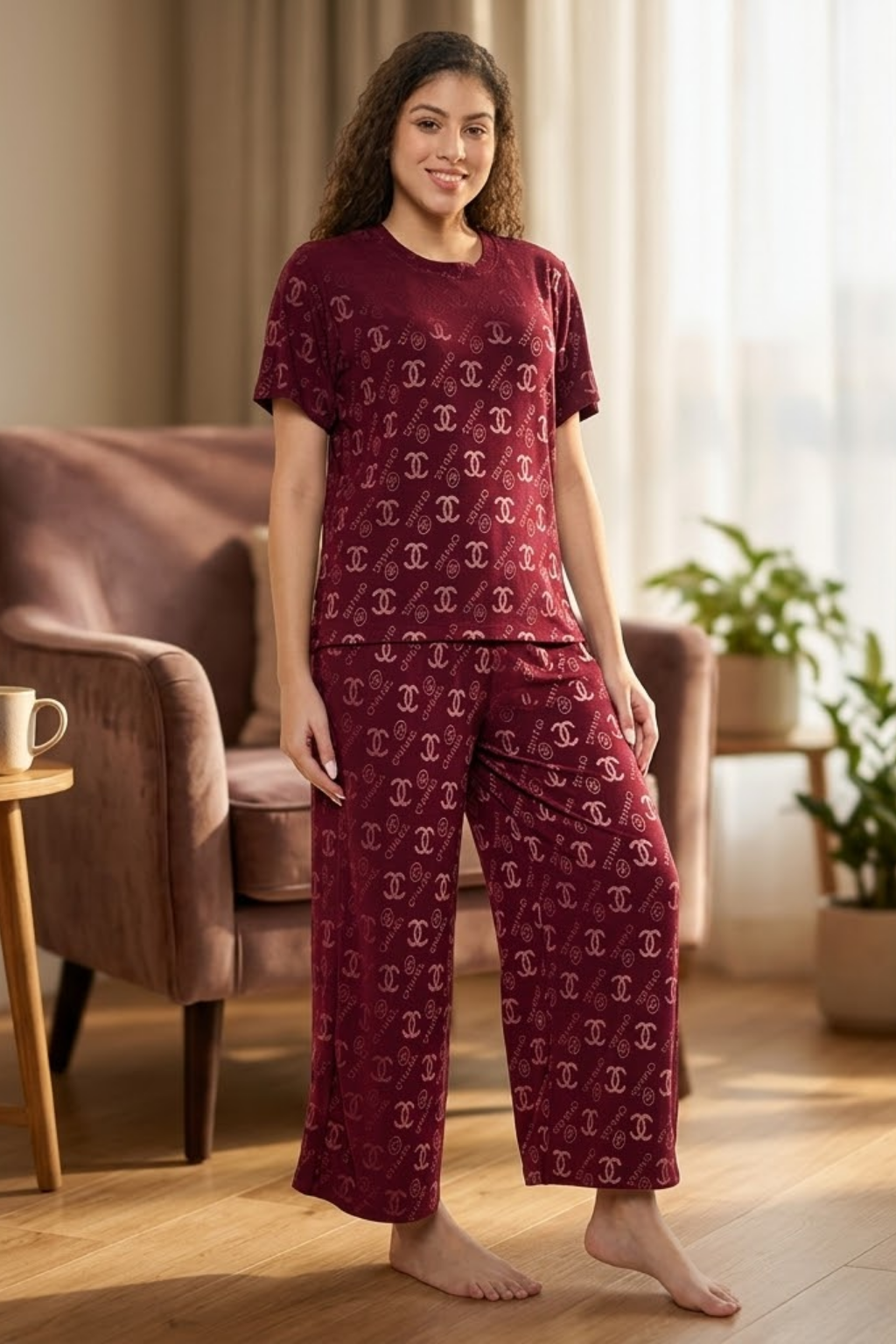 Top and Pyjama Set for Women Nightwear, Coffee